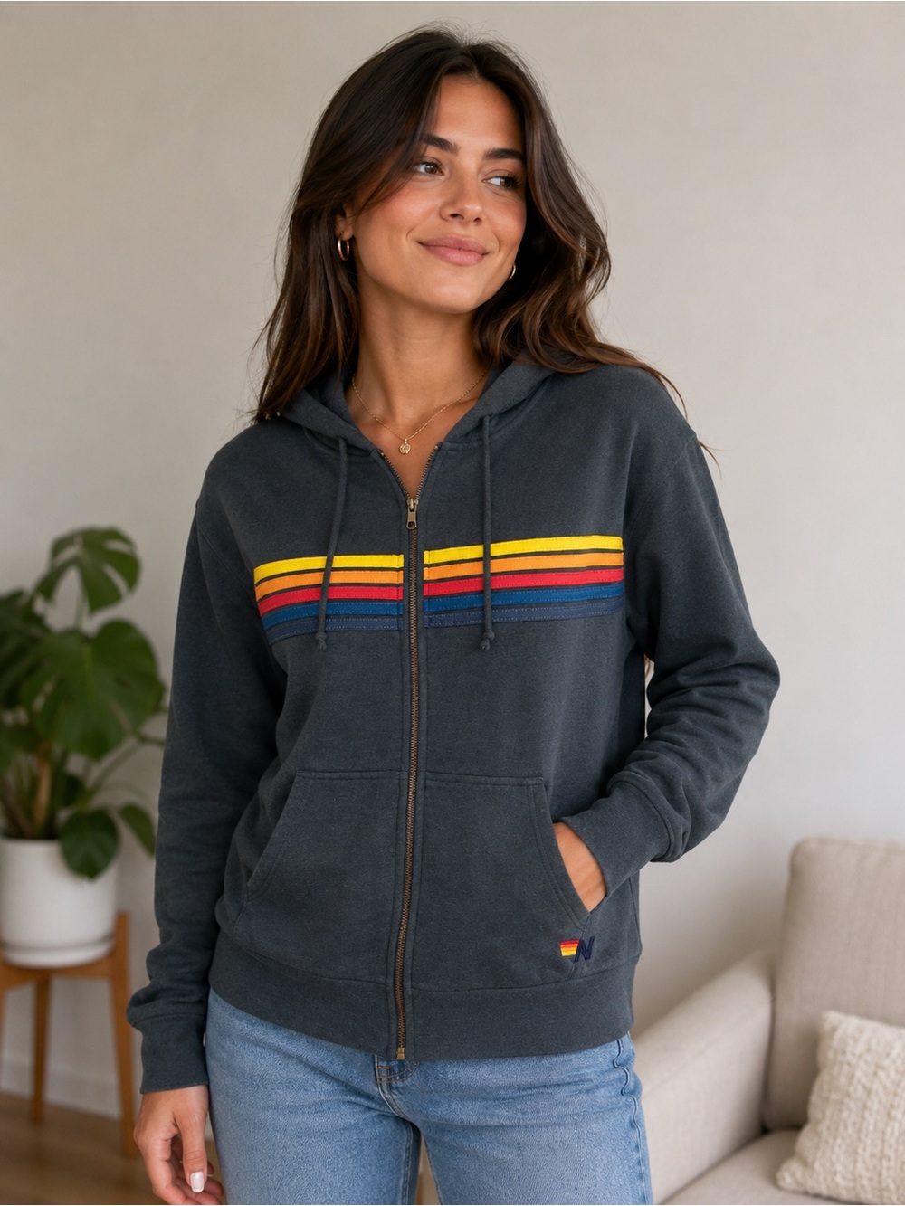 Aviator Nation Rainbow Stripe Full Zip Hoodie Navy Blue
